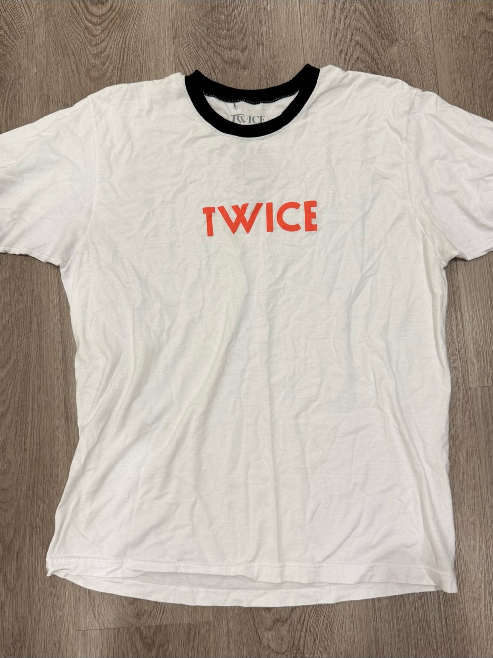 TWICE Logo Tee in White with Black Collar and Red Print